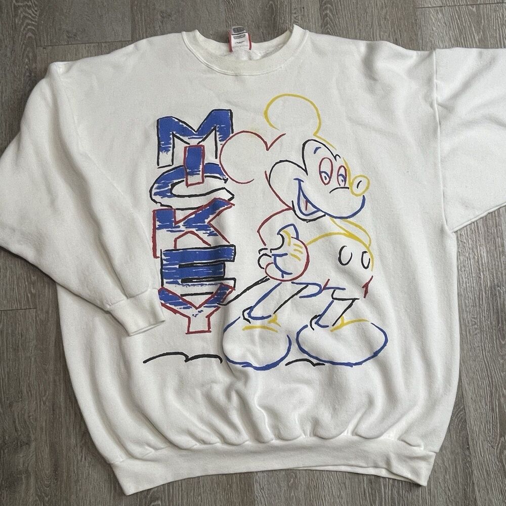 Vintage - Disney Mickey Mouse Primary Colors White SweatShirt - Size 4XL